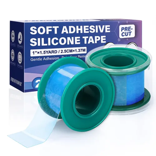 FRESINIDER Cinta Médica de Silicona – 1" x 1.5 Yarda Azul 2 Rollos, Precortada, Impermeable y Reposicionable, Remoción sin Dolor, Adhesivo