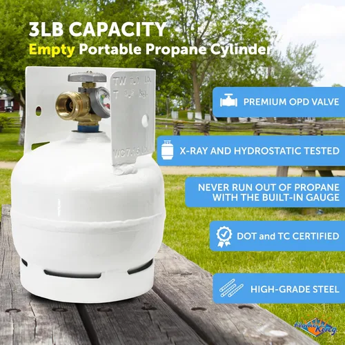 Vista 2 de Flame King 3LB - Cilindro de tanque de propano de acero vacío de 3 libras con manómetro y válvulas OPD para parrillas y barbacoas, camping, pesca