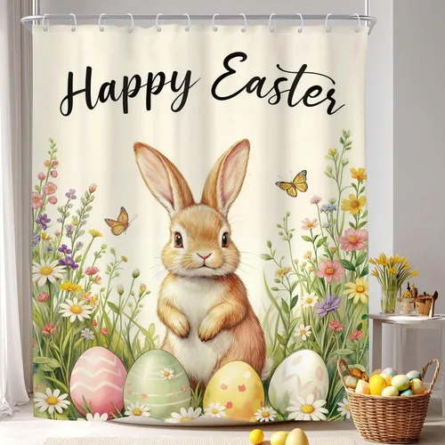 Riyidecor Cortina de ducha de Pascua con bonito conejo, flor floral, conejito de primavera, multicolor, encantadora, botánica, 60 pulgadas de ancho