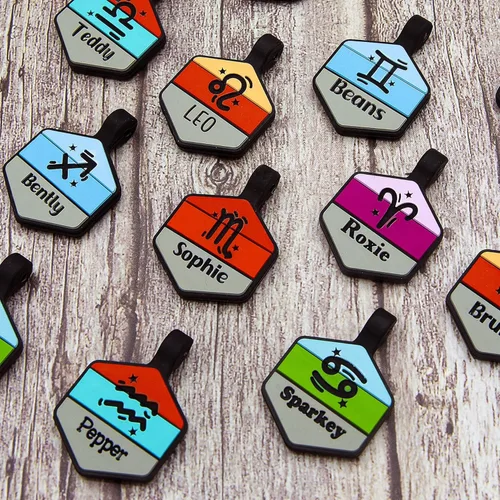 Vista 6 de Placa silenciosa para perro personalizada con 5 líneas de identificación de mascotas de silicona duradera y grabada profundamente, hexágono, azul