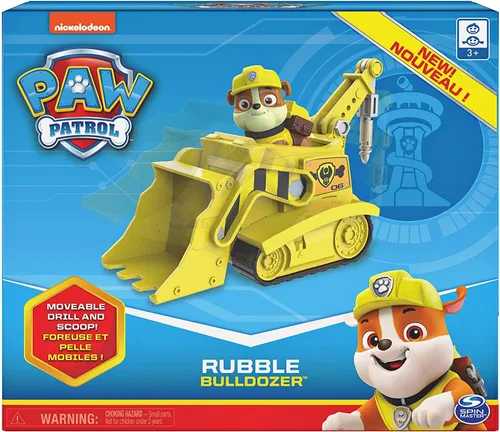 Vista 3 de Paw Patrol figura de Rubble's Digg'n Bulldozer, máquina excavadora de juguete (funciona con Paw Patroller), Base, Estándar empaque, Amarillo