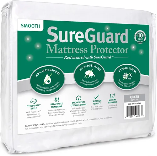Vista 13 de SureGuard - Protector de colchón tamaño individual, 100% impermeable, hipoalergénico, funda de algodón ajustable de alta calidad, suave