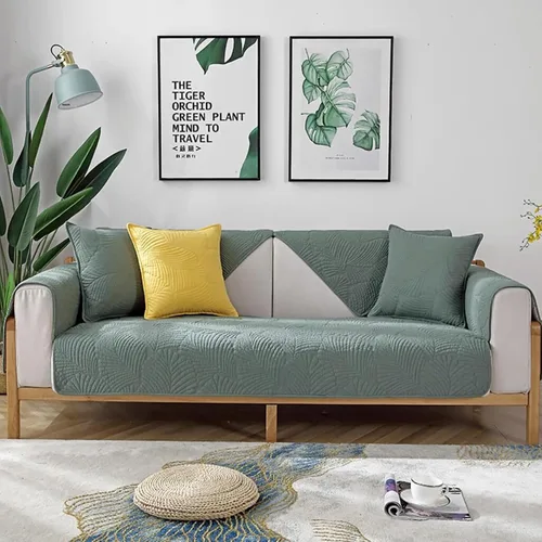 Vista 2 de Funda de sofá de hoja nórdica, funda de algodón para sofá modular de 1234 plazas, funda antideslizante en forma de L para niños, reposabrazos