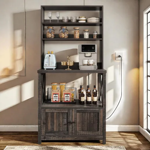 Vista 7 de YITAHOME Estante para panaderos con toma de corriente y puerta de gabinete de almacenamiento, soporte alto para microondas de cocina de 5 niveles