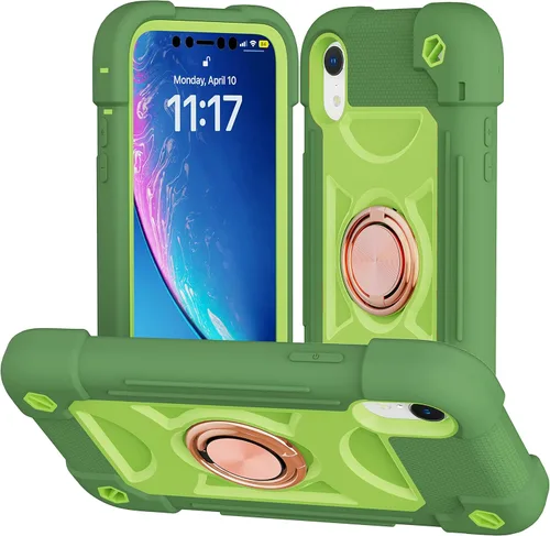 Vista 7 de Funda para iPhone XR de 6.1 pulgadas con soporte de anillo, con 2 protectores de pantalla de vidrio, resistente a los golpes, resistente a
