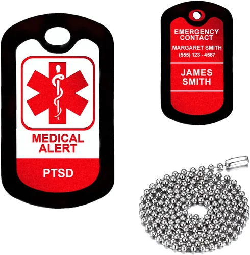 Vista 9 de Alerta médica morada, Alzheimer, etiqueta de identificación médica de aluminio personalizada con collar de acero inoxidable de 24 pulgadas