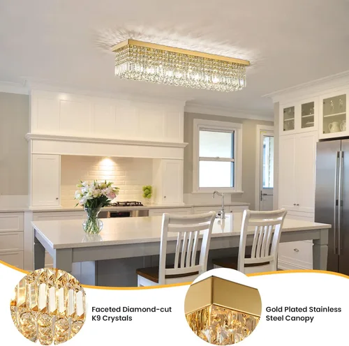 Vista 9 de Siljoy Candelabro de Cristal Moderno de 6 Luces Rectangular Dorado K9 Candelabro de Cristal en Forma de Gota de Lluvia para Comedor, Lámpara