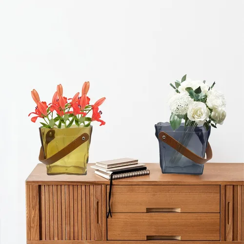 Vista 5 de Florero transparente con asa – Florero de cristal para flores, jarrones decorativos únicos de 6 pulgadas, jarrón grande fresco para centros de mesa