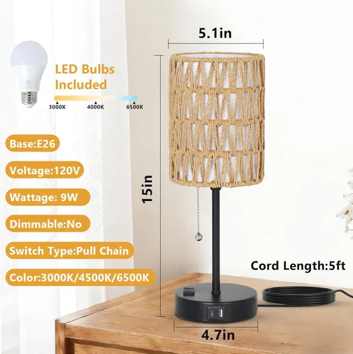 Vista 3 de Juego de 2 lámparas de mesa de noche de ratán, lámparas bohemias con 3 temperaturas de color y puerto USB de CA, lámpara de mesa con cadena