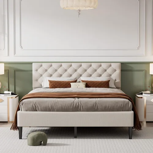 Vista 12 de Cama de plataforma tapizada de tamaño matrimonial con cabecera de terciopelo con patrón de flores, con marco de cama de soporte de listones de Pasta