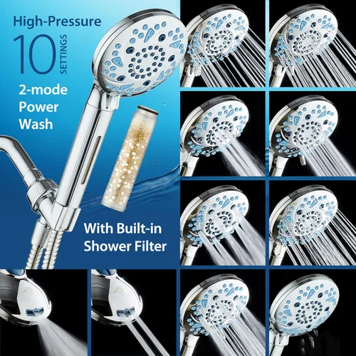 Vista 4 de AquaCare High Pressure 10-mode Filter Handheld Shower Head with Built-in Power Wash - Clean Tub, Tile & Pets, Remove Chlorine, Metals & Toxins from