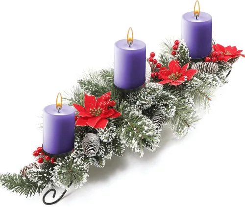 Centro de mesa artificial de Navidad con 3 portavelas, flores rojas, bayas rojas y conos de pino nevado, base de acero, decoración de Navidad para