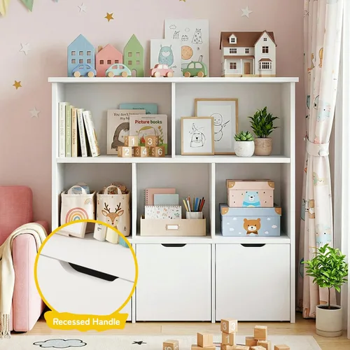 Vista 5 de Teckid Toy Storage Organizer with 3 Movable Drawers and 5 Open Cubbies, Kids Bookshelf and Toy Storage Cabinet with Hidden Wheels, Kids Toy Storage