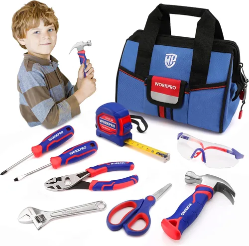 WORKPRO Juego de herramientas de mano para niños de 9 piezas, kit de herramientas junior azul con bolsa de almacenamiento para niños, niñas, niños,