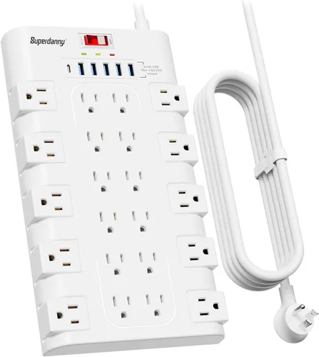 Vista 12 de Regleta de alimentación, SUPERDANNY - Protector contra sobretensiones con 22 tomas de corriente AC y 6 puertos de carga USB, 1875 W/15 A, 2100