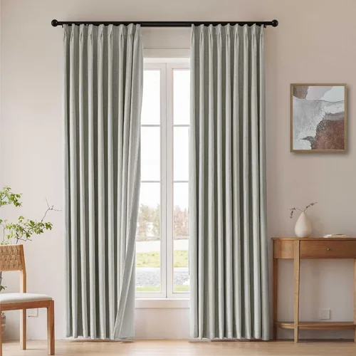 Blackout Pleated Curtains 84 Length 2 Panels Set for Bedroom, Flax Linen Blended Back Tab Pinch Pleat Drapes with Hooks for Track 7ft Modern Living