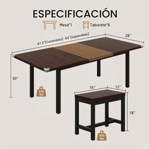 Vista 3 de Einhomn Juego de Mesa de Comedor de 5 Piezas para 4-6, Mesa de Cocina Extensible de 63" con 2 Bancos y 2 Taburetes, Estructura de Metal y Tablero