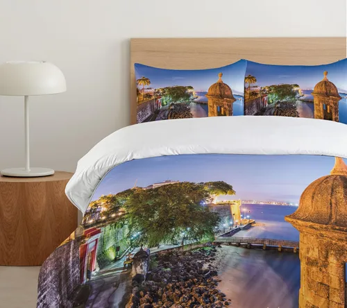 Vista 5 de Lunarable Puerto Rico Duvet Cover Set, Coast at Paseo de la Princesa Retro Style Architectural Elements Photography, Decorative 3 Piece Bedding Set