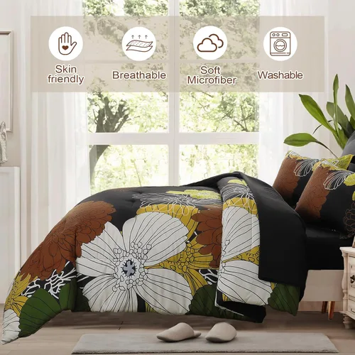 Vista 118 de Yiran - Juego de 7 piezas de edredón floral azul, juego de cama en una bolsa, tamaño Queen, juego de edredón de microfibra suave