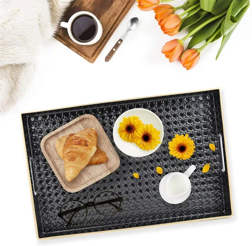 Vista 5 de Bandeja decorativa negra para mesa de café, bandeja rectangular de plástico con asas para sala de estar, otomana, baño, 15.7 x 10.2 pulgadas