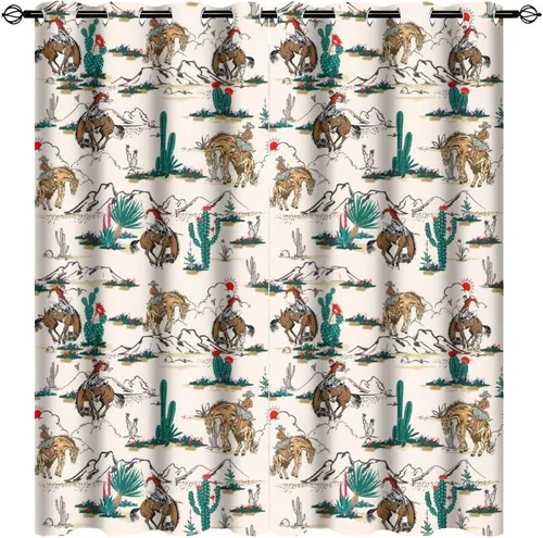 Vista 19 de Cortinas opacas retro de vaquero occidental para dormitorio, estilo rústico, cactus, salvaje oeste, vaquero, paseo, caballo, con ojales, aislamiento