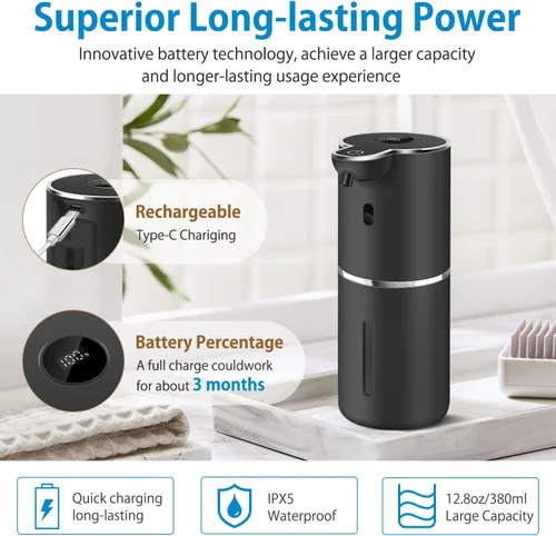 Vista 4 de Dispensador automático de jabón espumoso de 12.8 onzas, recargable y 6 niveles de espuma ajustable con pantalla digital, montaje en pared