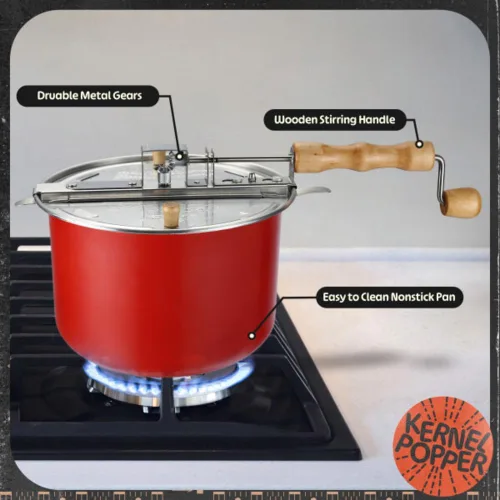 Vista 2 de Great Northern Popcorn Maker - Molde de 6.5 cuartos de galón con manivela de madera y agitador interno de granos de maíz (rojo)