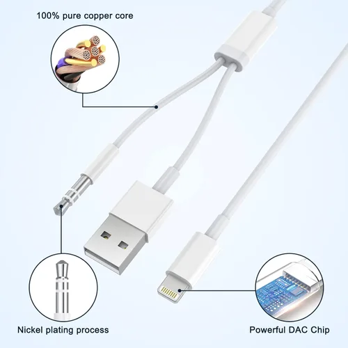 Vista 5 de iSkey Cable auxiliar para iPhone, cable auxiliar 2 en 1 de 0.138 in para automóvil con cable de carga compatible con iPhone 13, 12, 11, XS, XR, X