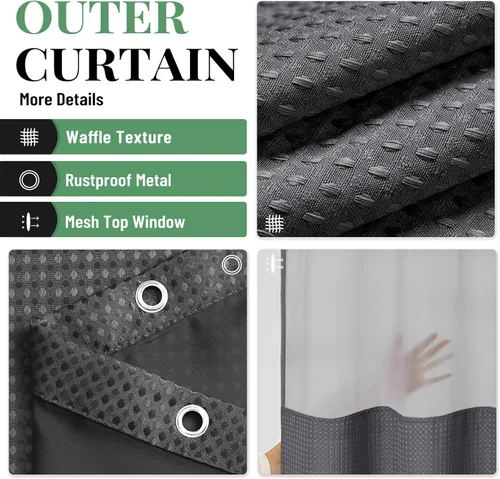 Vista 141 de Cortina de ducha de tela Dynamene verde oscuro - Cortinas de baño de tela de nido de abeja texturizadas resistentes, juego de cortinas de baño