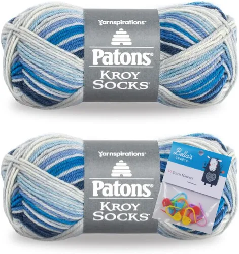 Vista 4 de Patons Kroy Ovillo de lana para calcetines Paquete de 2 con marcadores de punto de Bella's Crafts (Azul Marrón Marl)