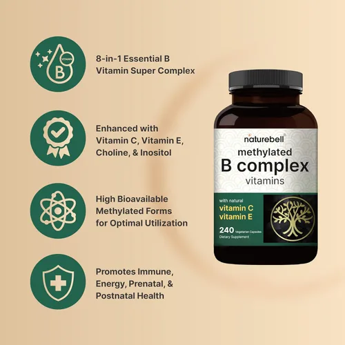 Vista 4 de Vitaminas del complejo B metilado, 240 cápsulas vegetales Complejo multivitamínico B B12, folato, biotina y más - con vitamina C natural, E