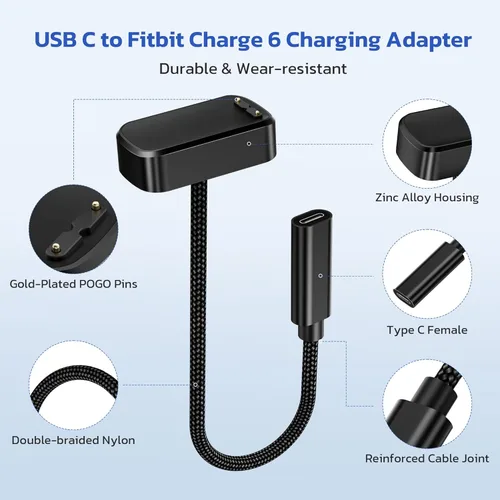 Vista 4 de RUXELY Adaptador de cable de carga USB C a Fitbit Charge 6/Charge 5/Luxe, cable de carga portátil tipo C de repuesto para reloj inteligente Fitbit