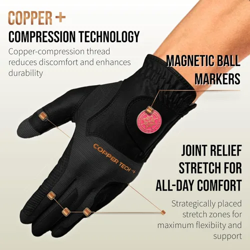 Vista 2 de Copper Tech Plus Ladies Golf Gloves Women (2nd Gen) Copper Compression Joint Support with Flexible & Comfortable Fit Tacky Silicone Pad