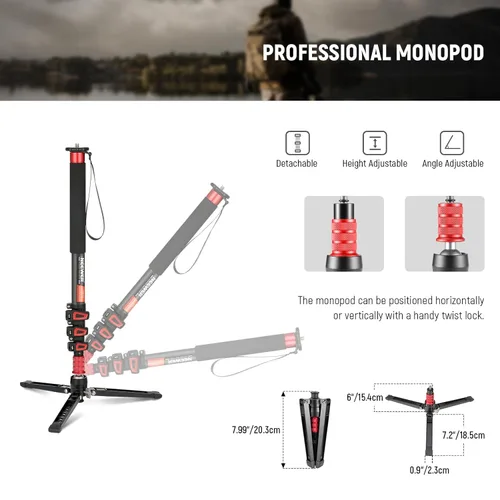 Vista 3 de NEEWER Soporte monopie para cámara de 67.7 pulgadas, trípode de viaje de fibra de carbono ligero con base desmontable para videocámara DSLR