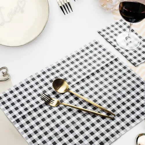 Vista 6 de 100 servilletas de papel a cuadros negros y blancos, 3 capas desechables de búfalo negro, servilletas de invitados a cuadros, servilletas de cena