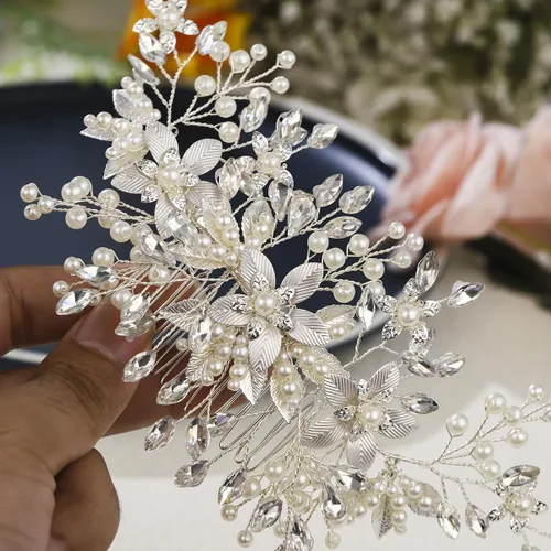 Vista 3 de Peine de pelo de novia de cristal, flor de perla, accesorios para el cabello para mujeres y niñas