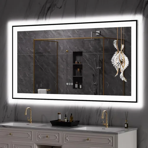 Vista 11 de LOAAO Espejo de baño LED de 20 x 28 pulgadas, marco negro, antiniebla, regulable, espejo de tocador de baño iluminado para pared, función