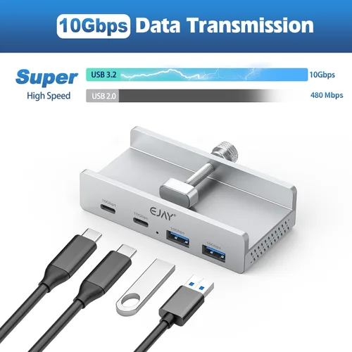 Vista 3 de EJAY 4 puertos 10Gbps USB-C HUB USB3.2 Abrazadera USB HUB Splitter,adaptador USB-C montable con cable de datos y alimentación para iMac 2021