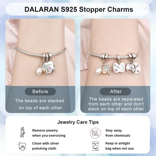 Vista 3 de DALARAN Cuentas de tapón para pulseras de plata de ley 925 con clip espaciador para pulsera