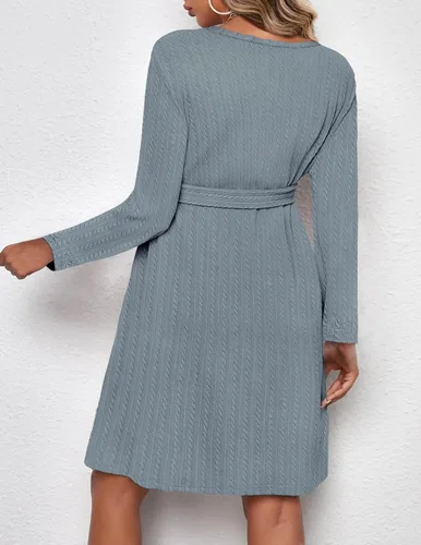 Vista 6 de Ekouaer Vestido de maternidad para mujer, de punto acanalado, manga larga, cuello redondo, ropa de embarazada con cinturón