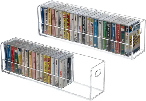 Vista 6 de MyGift Moderno soporte de casetes compacto de acrílico transparente de alta calidad con asas de transporte recortadas, casete de audio retro, cintas