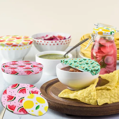 Vista 6 de Patelai 10 fundas reutilizables para tazones en 5 tamaños, tela elástica, fundas elásticas para tazones de almacenamiento de alimentos, tapas de pan