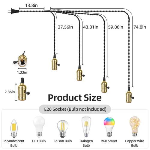 Vista 6 de Kit de luz colgante vintage enchufable con portalámparas colgantes E26/E27 de 1 a 4, luz colgante industrial con interruptores rotativos