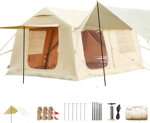 Vista 10 de Inflatable Tents for 4-6 People, 600D Oxford Blow up Tent with Extended Canopy, Skylight, Mesh Windows, Stove Jack & Pump, Easy Setup 2 Room
