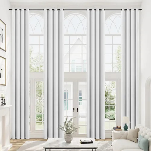 Vista 17 de mstexa Cortinas opacas beige para techo alto sala de estar, cortinas extralargas de lino sintético con ojales para cortinas de casa de 2 pisos