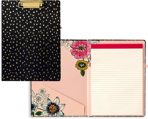 Vera Bradley - Carpeta portapapeles con bloc de notas recargable, padfolio negro con bolsillo interior y trabilla para bolígrafo, lunares dorados de