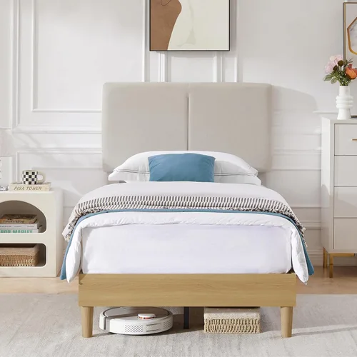 Vista 18 de VECELO Base de cama tamaño Queen tapizada con cabecera de algodón y lino ajustable en altura, listones de madera resistente, espacio debajo