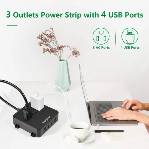 Vista 2 de Regleta de alimentación con USB - Regleta de alimentación de pared con 4 puertos USB y 3 tomas de corriente con interruptor de encendido/apagado