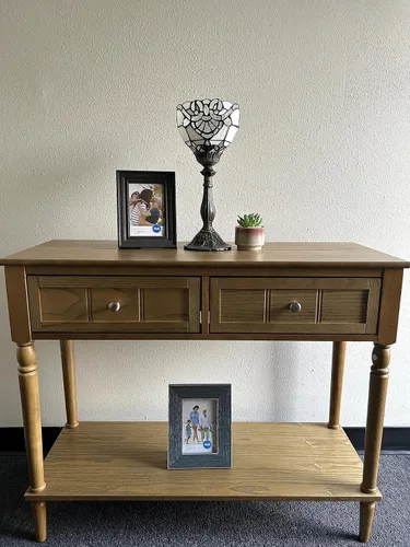 Vista 8 de Tiffany - Lámpara de mesa con antorcha blanca, estilo barroco, lavanda, vitral, incluida, bombilla LED para sala de estar, dormitorio, mesita