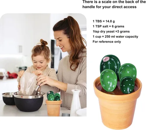 Vista 6 de Juego de 5 cucharas medidoras/cucharas de cerámica y taza base medidora/para ingredientes secos y líquidos, bonita forma de cactus